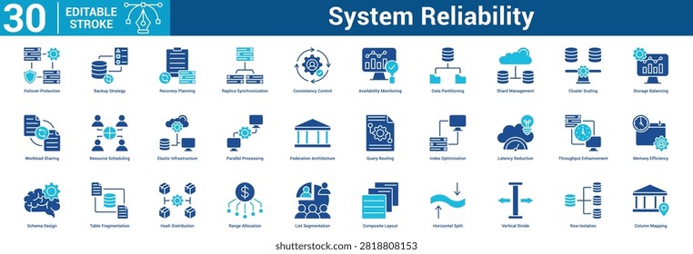 System Reliability icon set Technology with icon of Failover Protection, Backup Strategy, Recovery Planning, Replica Synchronization, Consistency Control, Availability Monitoring, Data Partition.