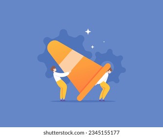 system repair and maintenance. two technicians with Traffic Cone. maintenance, development, and technology. flat and minimalist illustration concept design. vector elements. white background