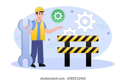 System repair, under maintenance concept, and error handling for software update developers. Illustration flat vector