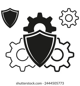 Symbole des Systemsicherheitskonzepts. Schild mit Zahnradsymbol. Schutz- und Mechanik-Zeichen. Sichere Technologie-Elemente. Vektorillustration. EPS 10.