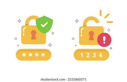 Concepto de seguridad del sistema con candado bloqueado y desbloqueado, entrada de Contraseña archivada en Ilustración vectorial de estilo plano