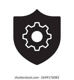 System security icon with a gear on a shield representing technical protection a secure process and a safety setting for a software application vector solid glyph icon