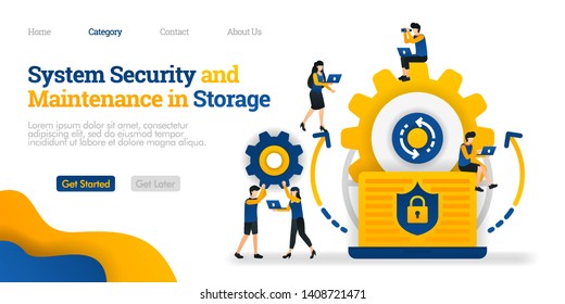 System Security and Maintenance in Storage. system security in maintaining data. Vector flat illustration concept, can use for, landing page, template, ui, web, homepage, poster, banner, flyer