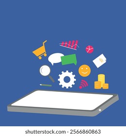 System settings and financial growth. Gear icon, money symbols, shopping cart, and data visualization for e-commerce and online marketing