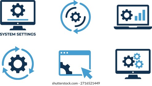 Conjunto de iconos de Configuraciones del sistema, símbolos de engranajes y flechas, herramientas de rendimiento y automatización, Vector azul para la interfaz de usuario de configuración