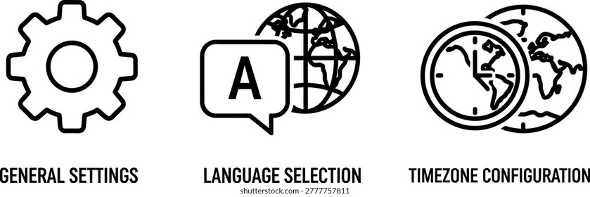 System settings icons: general settings language selection timezone configuration with language selection timezone configuration cogwheel interface personalization international