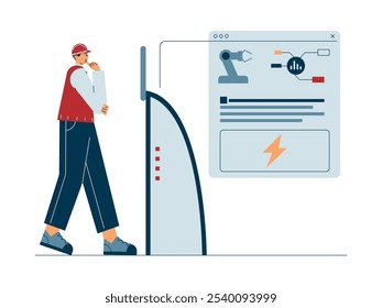 Configurações do sistema para máquinas em execução na indústria, ilustração vetorial.