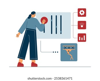 Configuração do sistema feita pelo funcionário para executar a máquina de produção, ilustração de vetor industrial