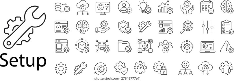 System Setup and Technical Configuration Linear Vector Icon Set Featuring Wrench, Gear, Slider Controls, Calibration Gauge, Shield Protection, and Parameter Settings UI Elements