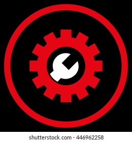 System Setup vector bicolor icon. Image style is a flat icon symbol inside a circle, red and white colors, black background.
