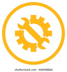 System Setup vector icon. Image style is a flat icon symbol inside a circle, yellow color, white background.