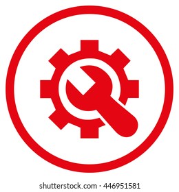 System Setup vector icon. Image style is a flat icon symbol inside a circle, red color, white background.