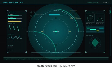 Un sistema muestra un escaneo médico con gráficos y datos sobre el Estado del paciente. Aparecen varias lecturas en la pantalla. El tiempo indicado en la parte inferior muestra el Estado actual.