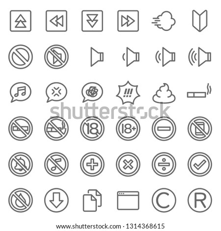 System Sign Vector Line Icon Set. Contains such Icons as Forward, Volume, Stop, 18+ and more. Expanded Stroke
