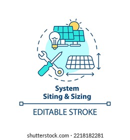 System siting and sizing concept icon. Eco power. Setup renewable energy at home abstract idea thin line illustration. Isolated outline drawing. Editable stroke. Arial, Myriad Pro-Bold fonts used