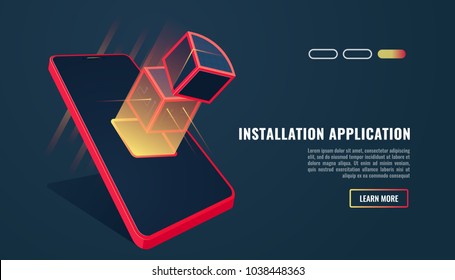 System software installation and upgrade concept. Loading process in smart phone screen. Vector illustration in 3d style