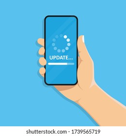 System Software Update And Update Concept. Download Process On The Smartphone Screen. Mobile Phone In Hand. Vector Illustration.