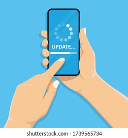 System software update and update concept. Download process on the smartphone screen. Mobile phone in hand.Finger touch. Vector illustration.