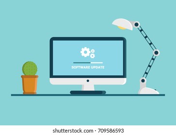 System software update, data update or synchronize with progress bar on the screen. Vector Illustration