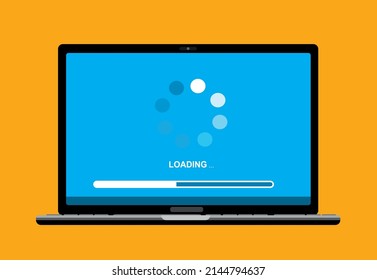 system software update and loading process concept in laptop computer screen, flat vector illustration