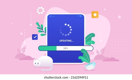 System and software update on tablet - Pad with load bar and loading wheel waiting to get updated. Vector illustration