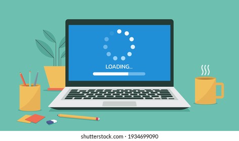 system software update and upgrade or loading process, computer installation on laptop concept, flat vector illustration