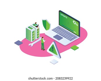 System Software Update And Upgrade Vector Concept. Loading Process In Laptop Screen. 3D Isometric Design