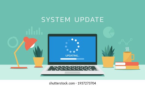 system software updating or loading process concept on laptop computer screen, flat design vector illustration