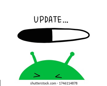 System, software updating process. Text Update, loading bar and green robot. Vector illustration in doodle style.