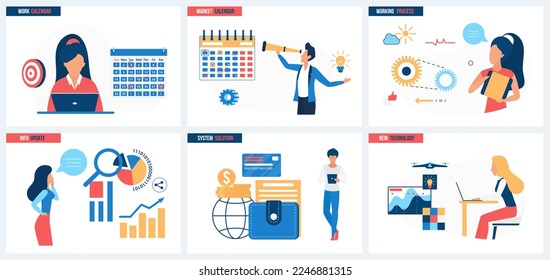 System solutions and information update, new technology for workflow planning set vector illustration. Cartoon tiny people work with calendar schedule mobile apps, financial digital platforms