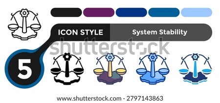 System Stability icon for illustrating reliable operating systems, balanced performance conditions, and sustained equilibrium concepts. Line, Filled, Color, Dualtone style.