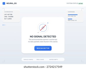 Una pantalla de Estado del sistema no muestra ninguna señal detectada desde el escáner ambiental. Incluye coordenadas, información de hardware y estadísticas de uso de memoria.