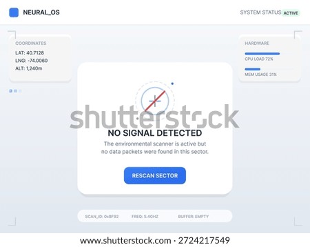 A system status display shows no signal detected from the environmental scanner. It includes coordinates, hardware information, and memory usage statistics.