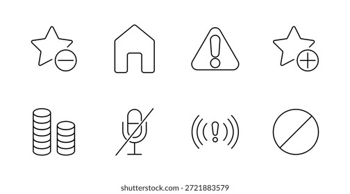 Icono de conjunto de Estados del sistema. Estrella menos, hogar, advertencia, estrella más, pilas de monedas, micrófono silenciado, señal de alerta, círculo bloqueado dibujado con un contorno mínimo que indica alertas y estados de interfaz.