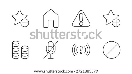 System status set icon. Star minus, home, warning, star plus, coin stacks, muted mic, alert signal, blocked circle drawn with minimal outline indicating alerts and interface states.