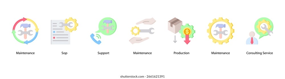 Ilustração do vetor do ícone de banner da Web do Suporte do Sistema com Manutenção, Sop, Suporte, Manutenção, Produção, Manutenção e Serviço de Consultoria.
