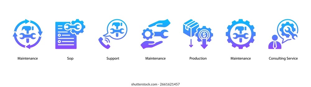 Ilustración vectorial de iconos de Anuncio de Web de Asistencia del sistema con mantenimiento, parada, Asistencia, mantenimiento, producción, mantenimiento y servicio de consultoría.
