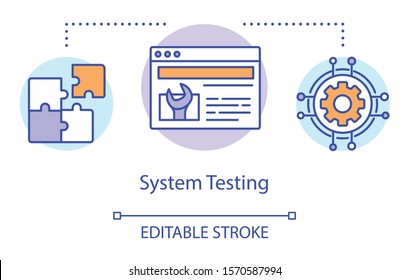 System testing concept icon. Examine computer components idea thin line illustration. Software testing process. Indicating issues and problems. Vector isolated outline drawing. Editable stroke