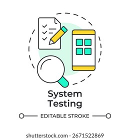 Ícone de conceito de várias cores de teste do sistema. Engenharia de software, garantia de qualidade. Lista de tarefas. Ilustração de linha de forma redonda. Ideia abstrata. Design gráfico. Fácil de usar em infográfico, apresentação
