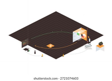 Ein System zur Verfolgung von Bewegungen in Innenräumen wird in einem Raum gezeigt, in dem verschiedene Sensoren und Computer um die Gegend herum aufgestellt sind. Das Layout verfügt über Pfade und Geräteplatzierungen.