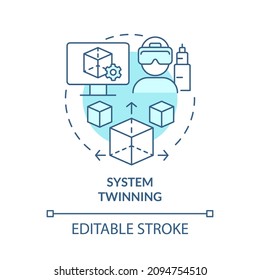 System twinning turquoise concept icon. Real-time virtual counterpart abstract idea thin line illustration. Isolated outline drawing. Editable stroke. Roboto-Medium, Myriad Pro-Bold fonts used