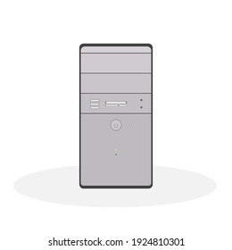 The system unit of the computer is in gray tones, with a card reader and operation indicators. Flat vector illustration