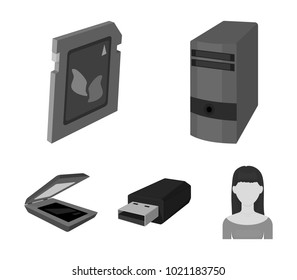 A system unit, a flash drive, a scanner and a SD card. Personal computer set collection icons in monochrome style vector symbol stock illustration web.