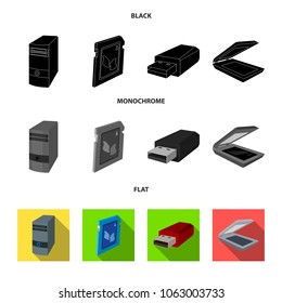 A system unit, a flash drive, a scanner and a SD card. Personal computer set collection icons in black, flat, monochrome style vector symbol stock illustration web.