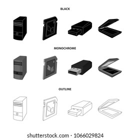 A system unit, a flash drive, a scanner and a SD card. Personal computer set collection icons in black,monochrome,outline style vector symbol stock illustration web.