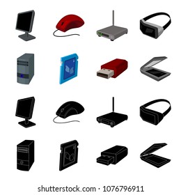 A system unit, a flash drive, a scanner and a SD card. Personal computer set collection icons in black,cartoon style vector symbol stock illustration web.