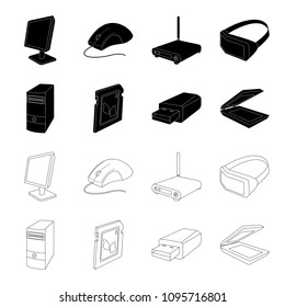 A system unit, a flash drive, a scanner and a SD card. Personal computer set collection icons in black,outline style vector symbol stock illustration web.
