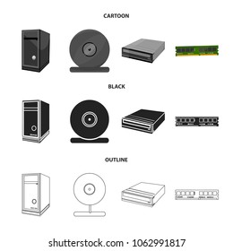 System unit, memory card and other equipment. Personal computer set collection icons in cartoon,black,outline style vector symbol stock illustration web.