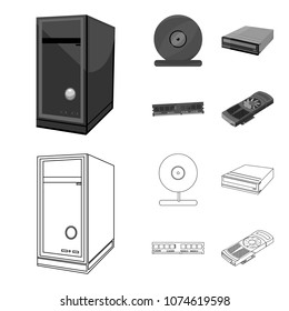 System unit, memory card and other equipment. Personal computer set collection icons in outline,monochrome style vector symbol stock illustration web.