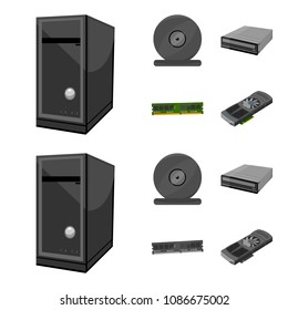 System unit, memory card and other equipment. Personal computer set collection icons in cartoon,monochrome style vector symbol stock illustration web.